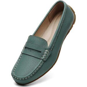 Kordal Women's Green Leather Comfortable & Lightweight Penny Loafers Flats